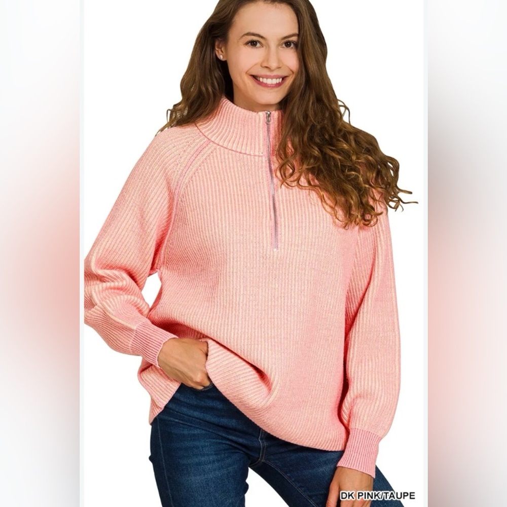 Zenana Ribbed Two Tone Half Zip Sweater in Pink/Taupe